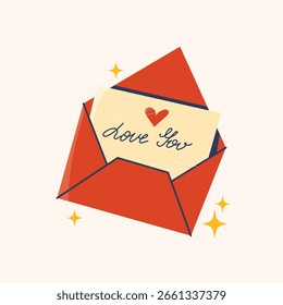 Vector romántico de la letra del amor. Gráfico de diseño plano de un sobre rojo con un mensaje de amor y corazón. Ideal para el día de San Valentín, conceptos de aniversario.