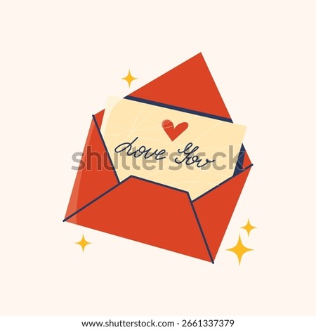 Romantic Love Letter Vector. Flat design graphic of a red envelope with a Love You message and heart. Ideal for Valentine's Day, anniversary concepts.
