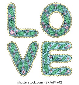 Romantic love lettering in style of hippie with flower patterns, hand drawn inscription, vector love word