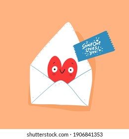 Romantic Love Letters for Her and for Him with red heart and "Somone loves you" hand drawn lettering. Valentine's Day vector card