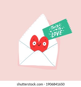 Romantic Love Letters for Her and for Him with red heart and "This is love" hand drawn lettering. Valentine's Day vector card