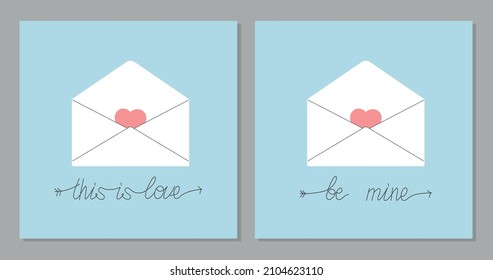 Romantic love letters for her and for him with red heart and "this is love" and "be mine" hand drawn lettering. Valentine's Day vector card