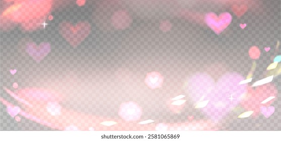 Romantic love light prism reflection effect for light background. Heart shapes glass dispersion, crystal flare leak shadow overlay. Vector illustration