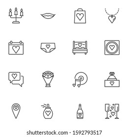 Romantic love line icons set. Valentines day linear style symbols collection, outline signs pack. vector graphics. Set includes icons as burning candles, bed, condom, calendar, flowers, wedding ring