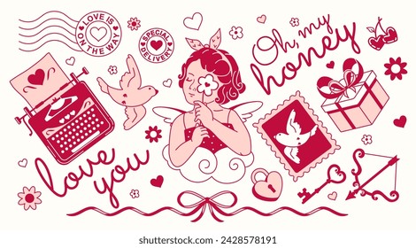 Correo romántico del amor. Ángel, sellos, paloma, máquina de escribir, mensaje de amor, corazones y decoraciones. Vintage vector dibujado a mano pegatinas. Paleta limitada, imágenes prediseñadas en color rosa ruborizado.