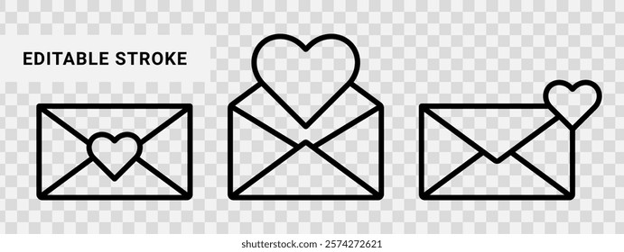 Romantic love mail envelope icon set in editable stroke