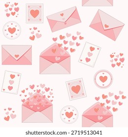 Vector romántico del correo del amor fijado con los sellos rosados del corazón de los sobres y los corazones voladores. Perfecto para invitaciones de boda de San Valentín cartas de amor tarjetas de felicitación papelería romántica y diseño de vacaciones.