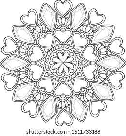 Romantic love mandala, black on transparent isolated doodle coloring mandala with heart gems shapes, for  coloring, wedding invitations decor, Valentine's day activity.