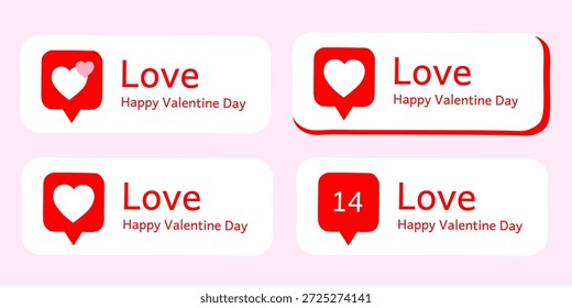 Romantic love message notification collection. Heart symbol in chat bubble for social media interaction. Valentine's Day greeting card elements on pink background.