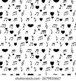 Romantic Love Music Notes Seamless Pattern Hearts on White Background Vetor Illustration.