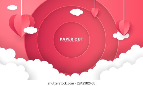 Romantic love paper cut background with cloud ornament. Suitable for banners, posters, flyers, brochures or presentation backgrounds