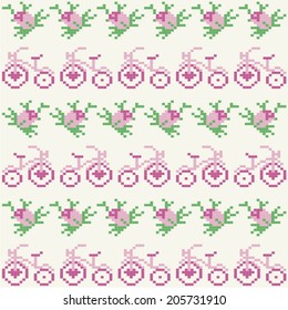 Romantic love pattern of roses, hearts and bike in mint pink colors. Background for Valentine's Day. Embroidery, fabric, packaging, pixel art. 