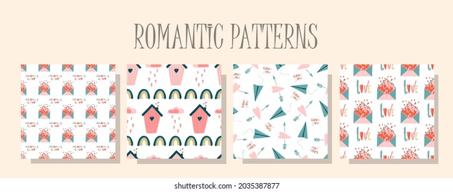 Romantic love pattern. A set of patterns in the same style. Valentine's day digital paper. Children's textile design. Seamless design.