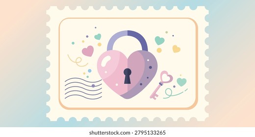 Romantic Love Postage Stamp Illustration Featuring Heart Lock Key Affection Valentine Greeting Correspondence and Relationship Celebration Design