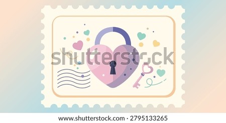 Romantic Love Postage Stamp Illustration Featuring Heart Lock Key Affection Valentine Greeting Correspondence and Relationship Celebration Design