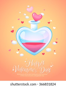 Romantic love potion in a heart shaped glass flask retro postcard for Saint Valentine's Day