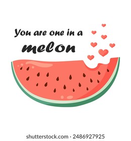 Romantic love print with watermelon slice, small hearts and lettering quote 'You are one in a melon'. Flat vector illustration for Valentines day card, greeting card, poster, print, t shirt, sticker.