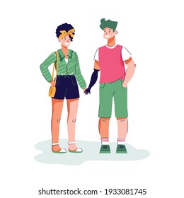 Romantic love relations between disabled man with prosthesis and healthy woman cartoon characters, flat vector illustration in sketch style isolated on white background.