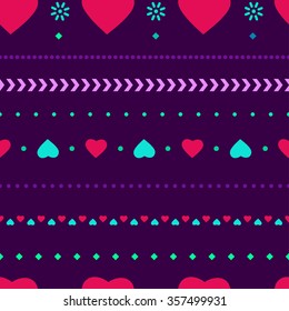 Romantic love seamless background pattern with heart shapes vector illustration texture for valentine day card in cartoon style with dots, arrows, abstract flowers, rhombuses in violet color