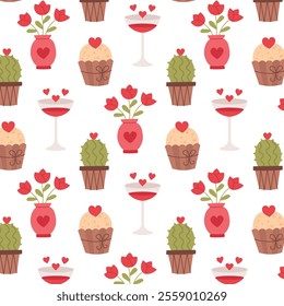 Romantic love seamless pattern with cupcake, glass, tulip vase, cactus, hearts. Vector hand drawn background for valentine's day.