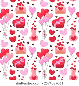 Romantic love seamless pattern with heart shaped gift box and balloons, cute hand drawn symbols of romance and passion, vector illustration, decoration for Valentine's day, wedding, engagement