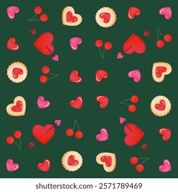 Romantic love seamless pattern. Hearts and cookies on green background print. Wrapping paper design for Mother's day, women's day, Valentine's day, and Birthday, gifts. Vector illustration.