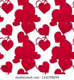 Romantic love seamless pattern with lot of red paper realistic hearts and heart frames interlocking like a wedding rings interlocking. Template vector illustration. High quality. 