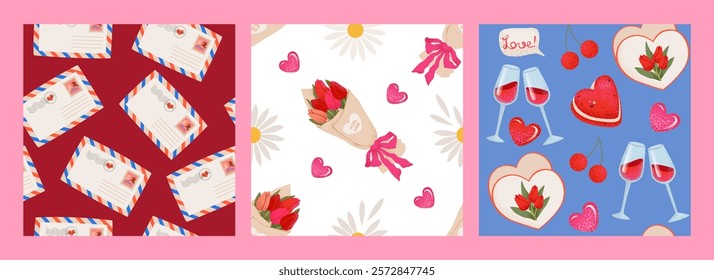 Romantic love seamless pattern set. Valentines day background collection. Cute patterns with love letters, flowers, and hearts for gift wrapping paper design. Vector illustration.