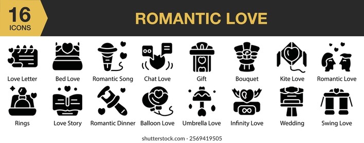 Romantic Love solid icon set. Includes heart, romantic, love, valentine, romance, and More. Solid icons vector collection.