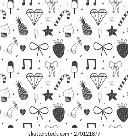 Romantic and love spring and summer hand drawn pattern with cute lovely bows, sweets, fruits. Template for design scrapbooking and wrapping, textile, greeting cards, packages, backgrounds.