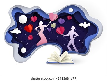 Romantic love story book craft papercut origami vector illustration with male and female lovers silhouette over starry sky sending hearts each other