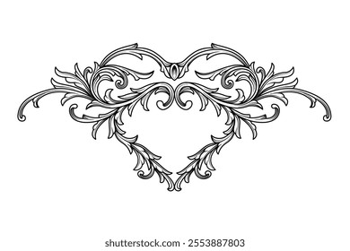 Romantic Love symbol with baroque engraving ornament. Heart ornate, art deco with arabesque floral element, flourish, filigree, swirl. Vintage Nubes artwork in black line art vector illustration.