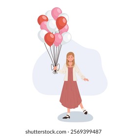 romantic love theme woman with balloon expressing affection on valentine's day in celebration