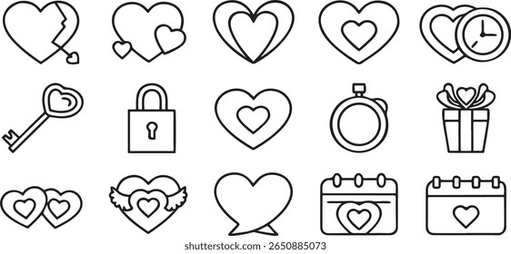 Romantic and love themed icon pack, includes heart shape, ring, couple, balloon, hug, heart lock, love letter, gift box, clean editable black line vector