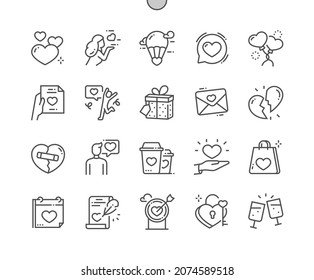 Romantic love. Valentine, happy, amour. Love letter. Romantic coffee cups. Broken heart. Pixel Perfect Vector Thin Line Icons. Simple Minimal Pictogram