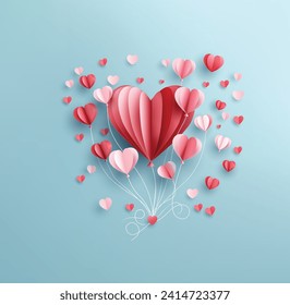 Romantic  love valentine , hot air balloon in a heart shape on blue sky  ,  greeting card. Paper art craft, Content with vector Program  advance  tools