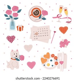 Romantic love valentines day elements and stickers. Roses in a vase, gifts, romantic breakfast, heart-shaped scrambled eggs, February 14 calendar, dog with rose in his teeth, glasses of champagne