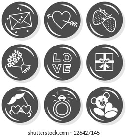 romantic love Valentine's Day related monochrome flat button icon set isolated on white background with love letter pierced heart strawberries gift flowers ring and teddy bear