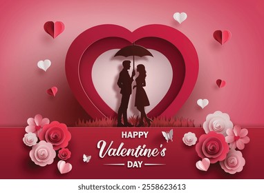 a romantic Love and Valentine's Day scene with a couple under an umbrella, surrounded by paper-cut hearts and flowers in shades of red and pink, set against a soft gradient background.