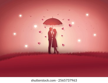 a romantic Love and Valentine's Day scene with a couple under an umbrella, surrounded by paper-cut hearts and flowers in shades of red and pink, set against a soft gradient background.