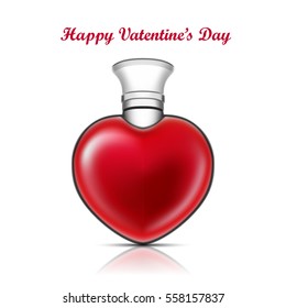 Romantic love Valentine's potion in a heart shaped glass flask, realistic 3d for Saint Valentine's Day Love elixir logo. Vector illustration.