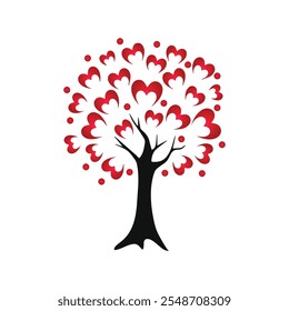 Romantic Love Valentine's Tree with Heart Shaped Red Leaves Symbol of Romance Vector.