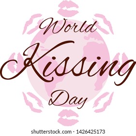 Romantic and love vector background for World Kissing Day. Planet earth and circle of kiss lip prints icon flat image with text. Template for social poster, banner, media stories, card, flyer.