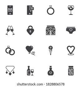 Romantic love vector icons set, modern solid symbol collection, filled style pictogram pack. Signs, logo illustration. Set includes icons as diamond ring, champagne glass, love potion, heart lock