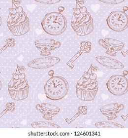 Romantic love vintage pattern with hearts, cupcake, cup of tea, clock, key and chains on a polka dot background
