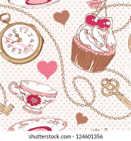 Romantic love vintage pattern with hearts, cupcake, cup of tea, clock, key and chains on a polka dot background