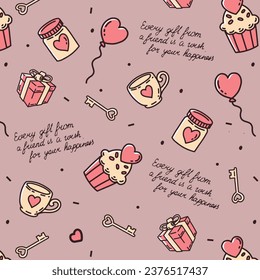 Romantic love vintage pattern with hearts, cupcake, cup of tea, key on a pink background