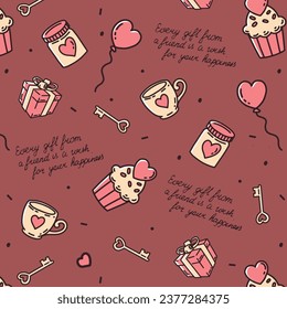 Romantisches Liebesvintage-Muster mit Herzen, Cupcakes, Tasse Tee, Schlüssel und Ballons auf rosafarbenem Hintergrund.