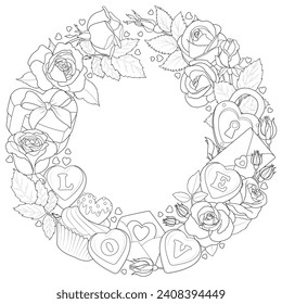 Romantic love wreath. Valentines day wreath of roses, valentines and chocolate. Black and white. Art therapy Coloring page. The 14th of February. Vector illustration