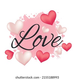 Romantic love writing with red and white hearts with watercolor background for love card